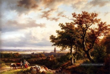 Un paysage rhénan panoramique avec des paysans conversant sur une piste Barend Cornelis Koekkoek Peinture à l'huile